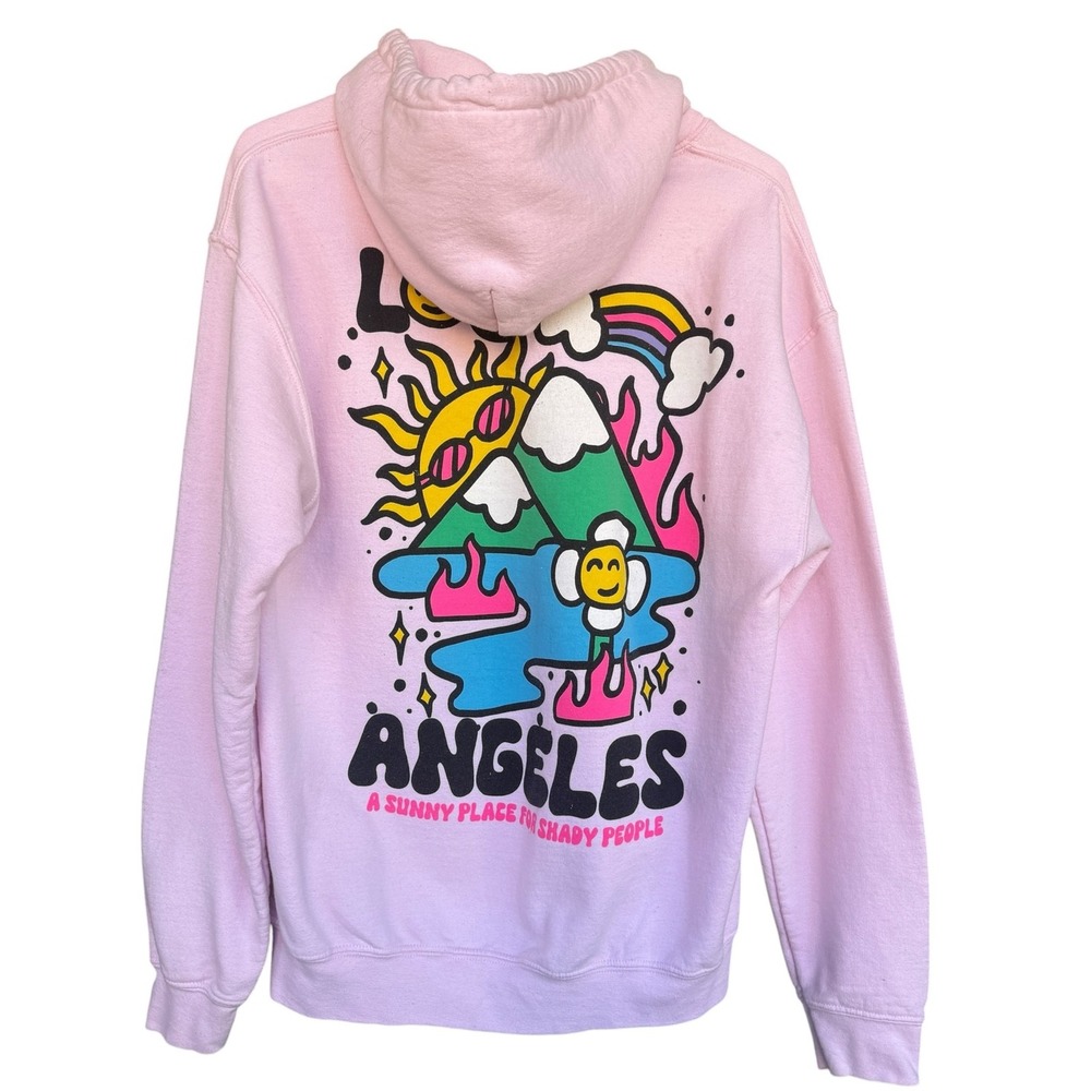 Gildan Hoodie Womens Medium Pink Los Angeles Sunny Place Graphic Pullover Fleece